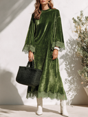 Women's Vintage Elegant Velvet Maxi Dress With Round Neck, Flared Sleeves, And Lace Paneling ZMZ2447I5ZYY