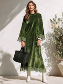 Women's Vintage Elegant Velvet Maxi Dress With Round Neck, Flared Sleeves, And Lace Paneling ZMZ2447I5ZYY
