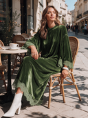 Women's Vintage Elegant Velvet Maxi Dress With Round Neck, Flared Sleeves, And Lace Paneling ZMZ2447I5ZYY