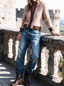 Women's Retro Casual Cotton Yarn Knit Color Block Zipper Stand Collar Cardigan ZMZ2448I5ZJY