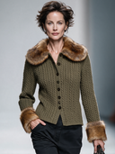 Women's Retro Casual Faux Fur Trim Cable Knit Cardigan ZMZ2489I0XT