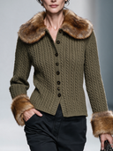 Women's Retro Casual Faux Fur Trim Cable Knit Cardigan ZMZ2489I0XT