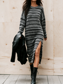 Women's Retro Casual Cotton Yarn Knit Striped Pullover Slit Long Sleeve Midi Dress ZMZ2470I0ZJY