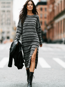 Women's Retro Casual Cotton Yarn Knit Striped Pullover Slit Long Sleeve Midi Dress ZMZ2470I0ZJY