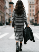 Women's Retro Casual Cotton Yarn Knit Striped Pullover Slit Long Sleeve Midi Dress ZMZ2470I0ZJY