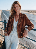 Women's American Retro Casual Lapel Double-Breasted Faux Suede Jacket ZMZ2452I3ZYY