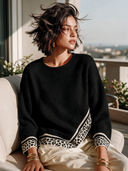 Women's Retro-Style Casual Crew-Neck Long-Sleeve Sweater With Leopard-Print Hem Detail ZMZ2479I9ZYY