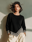 Women's Retro-Style Casual Crew-Neck Long-Sleeve Sweater With Leopard-Print Hem Detail ZMZ2479I9ZYY