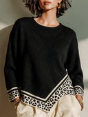 Women's Retro-Style Casual Crew-Neck Long-Sleeve Sweater With Leopard-Print Hem Detail ZMZ2479I9ZYY