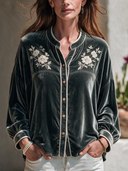 Women's American Retro Casual Stand-Collar Long-Sleeve Embroidered Velvet Shirt ZMZ1706I5ZYY