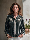 Women's American Retro Casual Stand-Collar Long-Sleeve Embroidered Velvet Shirt ZMZ1706I5ZYY
