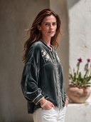 Women's American Retro Casual Stand-Collar Long-Sleeve Embroidered Velvet Shirt ZMZ1706I5ZYY