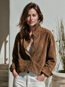 Women's Vintage-Style Casual Faux Suede Jacket With Stand Collar, Long Sleeves, And Single-Breasted Button Closure ZMZ2489I2ZYY