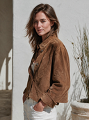 Women's Vintage-Style Casual Faux Suede Jacket With Stand Collar, Long Sleeves, And Single-Breasted Button Closure ZMZ2489I2ZYY