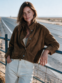 Women's Vintage-Style Casual Faux Suede Jacket With Stand Collar, Long Sleeves, And Single-Breasted Button Closure ZMZ2489I2ZYY