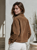 Women's Vintage-Style Casual Faux Suede Jacket With Stand Collar, Long Sleeves, And Single-Breasted Button Closure ZMZ2489I2ZYY