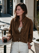 Women's Vintage-Style Casual Faux Suede Jacket With Stand Collar, Long Sleeves, And Single-Breasted Button Closure ZMZ2489I2ZYY