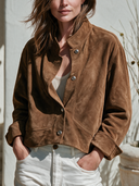 Women's Vintage-Style Casual Faux Suede Jacket With Stand Collar, Long Sleeves, And Single-Breasted Button Closure ZMZ2489I2ZYY