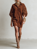 Women's Corduroy Embroidered Lantern-Sleeve Collared Mini Dress  ZMZ2415I7XT