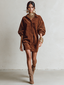 Women's Corduroy Embroidered Lantern-Sleeve Collared Mini Dress  ZMZ2415I7XT