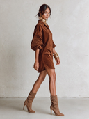Women's Corduroy Embroidered Lantern-Sleeve Collared Mini Dress  ZMZ2415I7XT