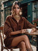 Women's Corduroy Embroidered Lantern-Sleeve Collared Mini Dress  ZMZ2415I7XT