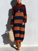Women's Vintage Color-block High-neck Long-sleeve Knit Dress ZMZ2838I4SWL