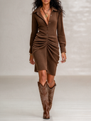 Women's Solid Color Lapel Pleated Waist Mini Dress ZMZ2820I8XT