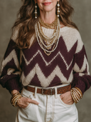 Women's Vintage-Style Casual Wave-Jacquard Crew-Neck Sweater ZMZ2869I0XT