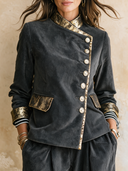 Women's Vintage Casual Stand-Collar Jacket With Corduroy And Velvet Paneling And Single-Breasted Closure ZMZ2923I7ZJY