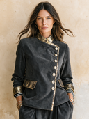 Women's Vintage Casual Stand-Collar Jacket With Corduroy And Velvet Paneling And Single-Breasted Closure ZMZ2923I7ZJY