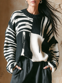 Women's Vintage Casual Loose-Fit Long-Sleeve Cotton-Blend Sweater With Asymmetrical Color-Blocking ZMZ2991I3ZJY