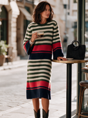 Women's Vintage-Style Elegant Midi Knit Dress With Colorful Horizontal Stripes, Crew Neck, And Flared Sleeves ZMZ2848I5ZYY