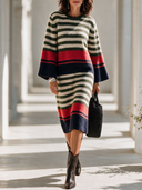 Women's Vintage-Style Elegant Midi Knit Dress With Colorful Horizontal Stripes, Crew Neck, And Flared Sleeves ZMZ2848I5ZYY