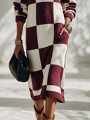 Women's Vintage-Style Elegant Round-Neck Long-Sleeve Plaid Knit Midi Dress ZMZ2895I0ZYY