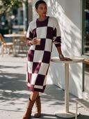 Women's Vintage-Style Elegant Round-Neck Long-Sleeve Plaid Knit Midi Dress ZMZ2895I0ZYY