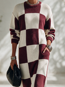Women's Vintage-Style Elegant Round-Neck Long-Sleeve Plaid Knit Midi Dress ZMZ2895I0ZYY