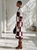 Women's Vintage-Style Elegant Round-Neck Long-Sleeve Plaid Knit Midi Dress ZMZ2895I0ZYY