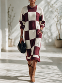 Women's Vintage-Style Elegant Round-Neck Long-Sleeve Plaid Knit Midi Dress ZMZ2895I0ZYY