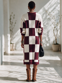 Women's Vintage-Style Elegant Round-Neck Long-Sleeve Plaid Knit Midi Dress ZMZ2895I0ZYY