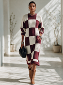 Women's Vintage-Style Elegant Round-Neck Long-Sleeve Plaid Knit Midi Dress ZMZ2895I0ZYY
