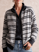 Women's Retro Casual Color-Block Striped Knit Zip-Up Loose Cardigan ZMZ2924I8ZJY