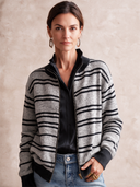 Women's Retro Casual Color-Block Striped Knit Zip-Up Loose Cardigan ZMZ2924I8ZJY