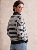 Women's Retro Casual Color-Block Striped Knit Zip-Up Loose Cardigan ZMZ2924I8ZJY
