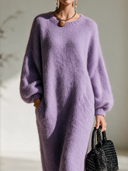 Women's French-style Elegant Light Purple Knit Maxi Dress With A Round Neck And Lantern Sleeves ZMZ2880I2ZYY