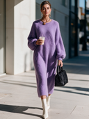 Women's French-style Elegant Light Purple Knit Maxi Dress With A Round Neck And Lantern Sleeves ZMZ2880I2ZYY