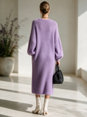 Women's French-style Elegant Light Purple Knit Maxi Dress With A Round Neck And Lantern Sleeves ZMZ2880I2ZYY