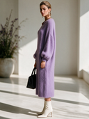 Women's French-style Elegant Light Purple Knit Maxi Dress With A Round Neck And Lantern Sleeves ZMZ2880I2ZYY
