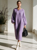 Women's French-style Elegant Light Purple Knit Maxi Dress With A Round Neck And Lantern Sleeves ZMZ2880I2ZYY