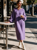 Women's French-style Elegant Light Purple Knit Maxi Dress With A Round Neck And Lantern Sleeves ZMZ2880I2ZYY